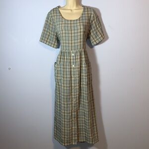 Erika Blue black cream Plaid Short sleeve dress size small vintage button front